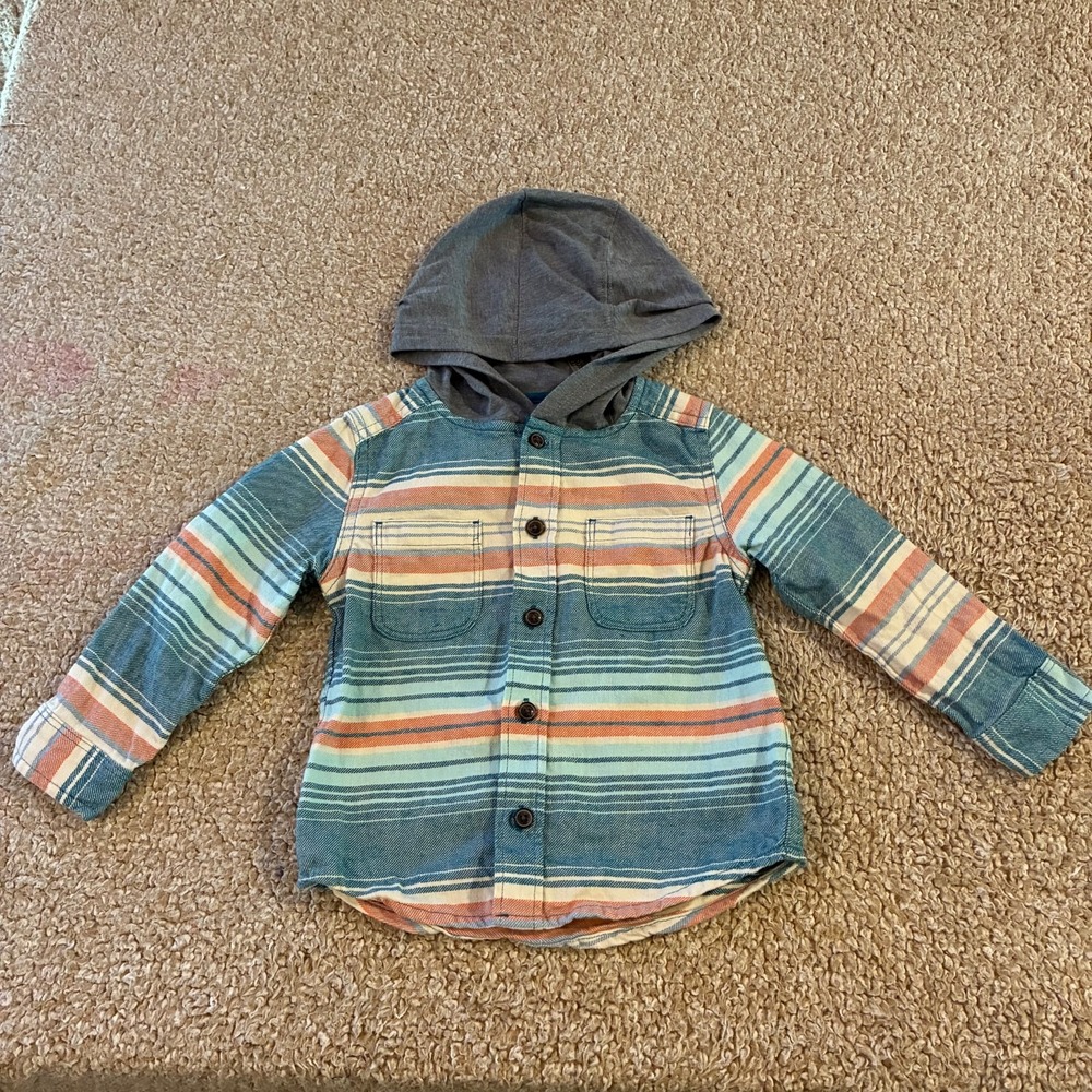 OshKosh Hooded Button Up Shirt Stripe Toddler Boys 2T Flannel Shacket Blue